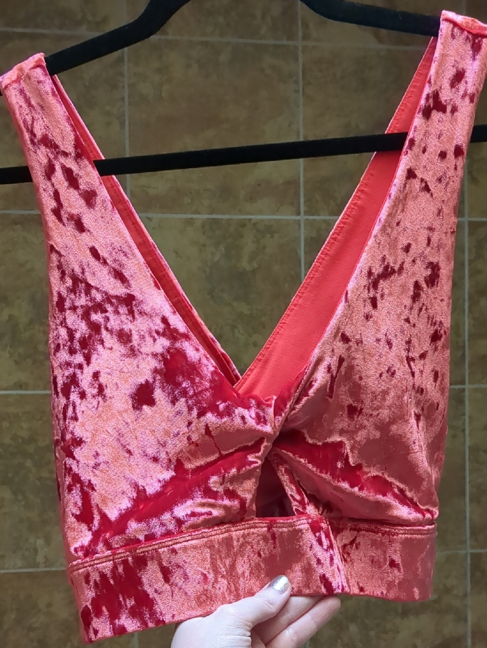 Fabletics Oasis Twist Velour Sports Bra in Strawberry Coral color